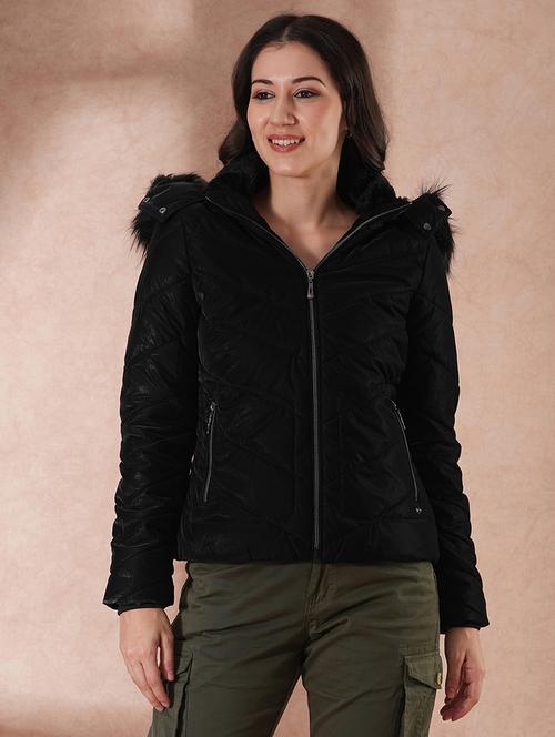 globus women black mock neck front zip winter wear insulator puffer jacket with detachable faux fur hood - 21649555 -  Standard Image - 0