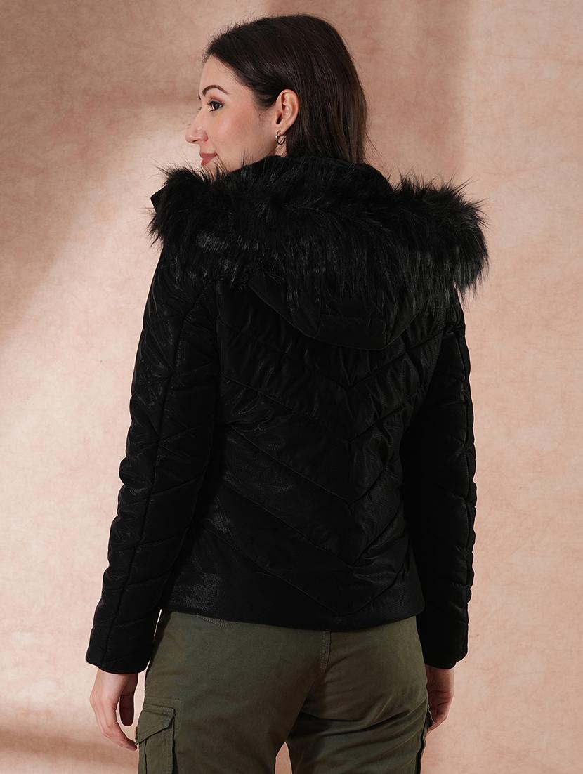 globus women black mock neck front zip winter wear insulator puffer jacket with detachable faux fur hood - 21649555 - Standard Image - 2