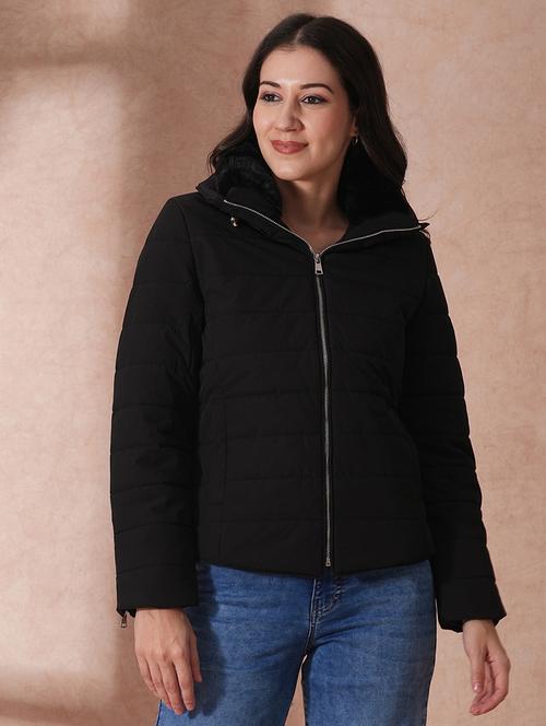 globus women black mock neck full sleeves front zip winter wear insulator puffer jacket with detachable hood - 21649556 - Standard Image - 0