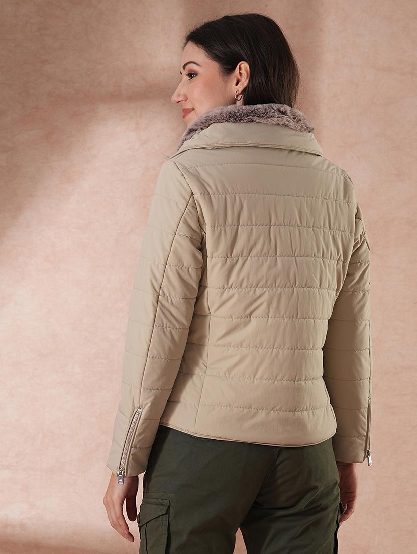 globus women beige mock neck full sleeves front zip winter wear insulator puffer jacket with detachable hood - 21649557 - Standard Image - 2