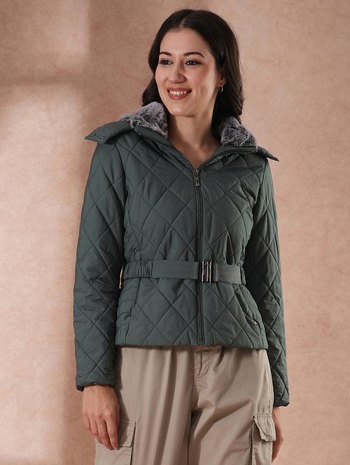 globus women sea green mock neck front zip belted winter wear insulator puffer jacket with detachable soft functional hood - 21649558 - Standard Image - 0