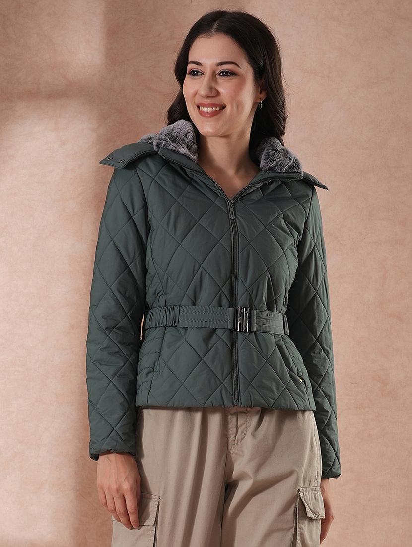 globus women sea green mock neck front zip belted winter wear insulator puffer jacket with detachable soft functional hood - 21649558 - Zoom Image - 0