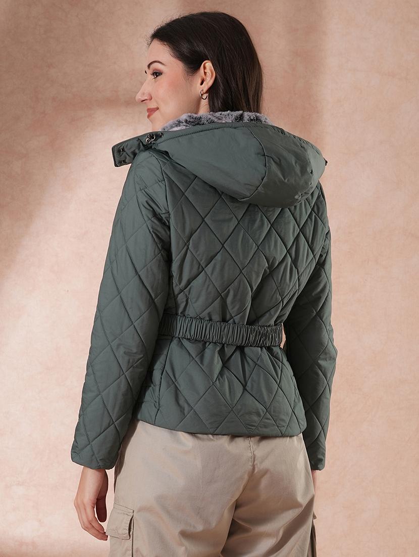 globus women sea green mock neck front zip belted winter wear insulator puffer jacket with detachable soft functional hood - 21649558 - Standard Image - 2