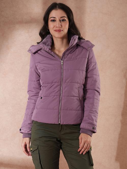 globus women lavender mock neck front zip winter wear insulator puffer jacket with detachable soft functional hood - 21649559 - Standard Image - 0