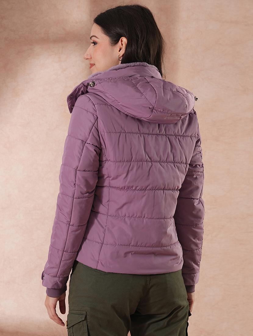 globus women lavender mock neck front zip winter wear insulator puffer jacket with detachable soft functional hood - 21649559 - Standard Image - 2