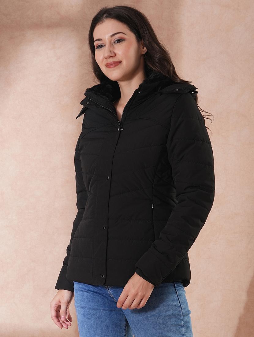 globus women black mock neck button & zip closure winter wear insulator puffer jacket with detachable soft functional hood - 21649560 -  Zoom Image - 0