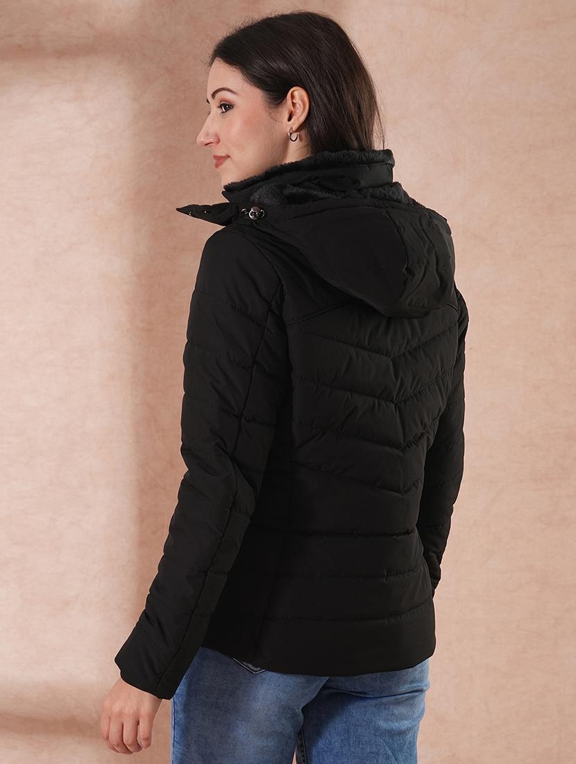 globus women black mock neck button & zip closure winter wear insulator puffer jacket with detachable soft functional hood - 21649560 - Standard Image - 2