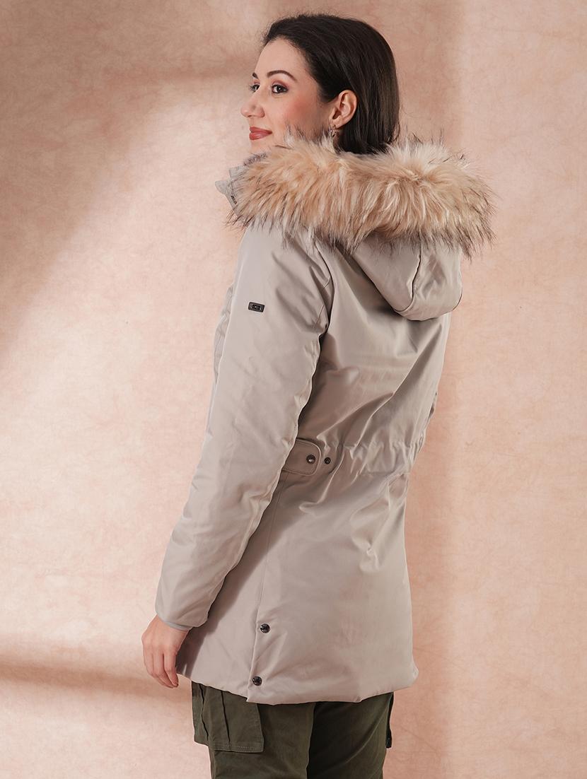 globus women grey mock neck 2 flap pocket winter wear insulator puffer jacket with detachable faux fur hood - 21649562 - Standard Image - 2