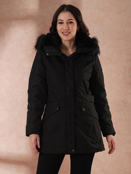 globus women black mock neck 2 flap pocket winter wear insulator puffer jacket with detachable faux fur hood - 21649563 - Standard Image - 0