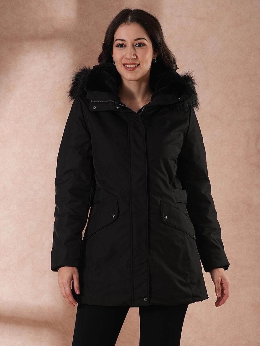 globus women black mock neck 2 flap pocket winter wear insulator puffer jacket with detachable faux fur hood - 21649563 - Zoom Image - 0