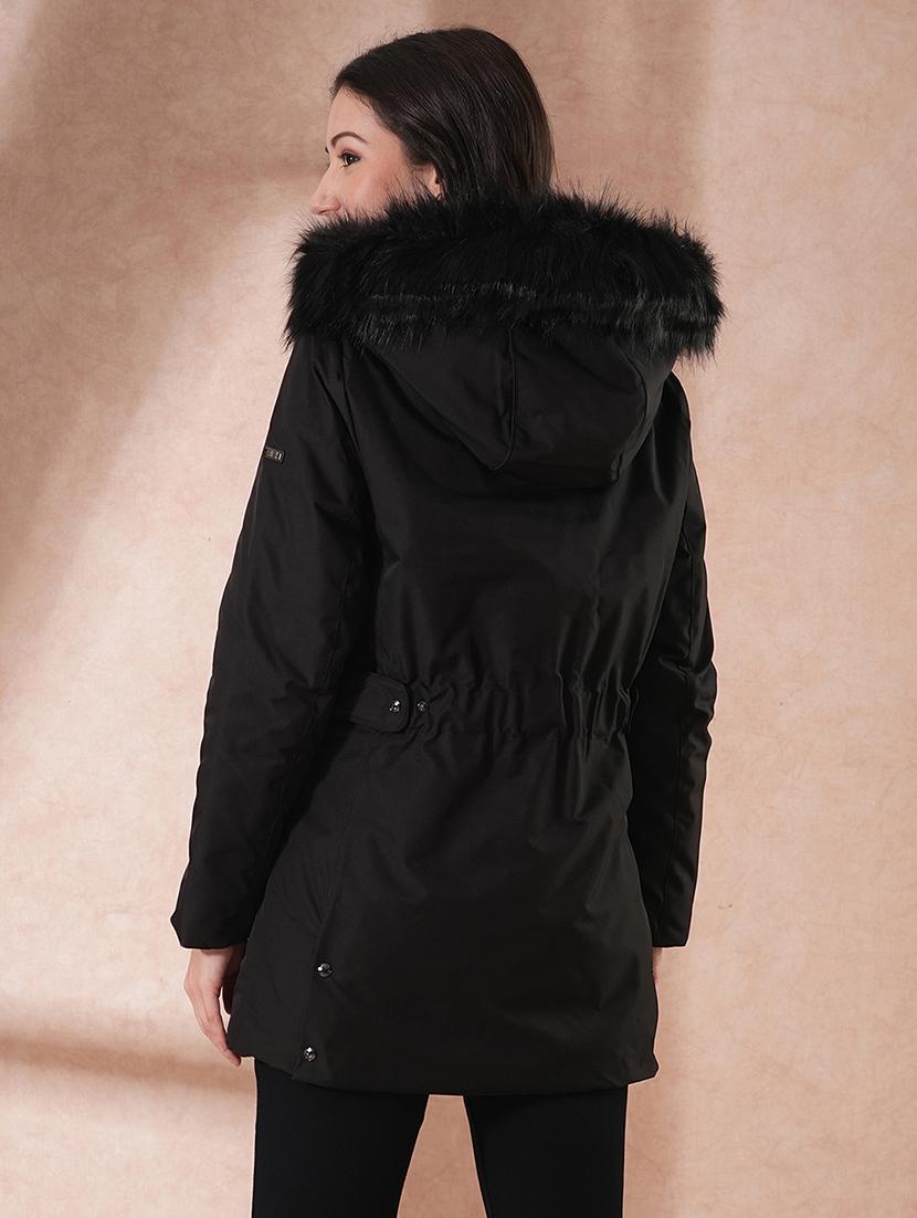 globus women black mock neck 2 flap pocket winter wear insulator puffer jacket with detachable faux fur hood - 21649563 - Standard Image - 2