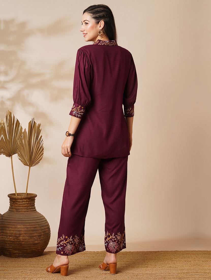 globus women purple floral embroidered shirt collar top & mid-rise ankle length pants fusion co-ord set - 21649568 - Standard Image - 2