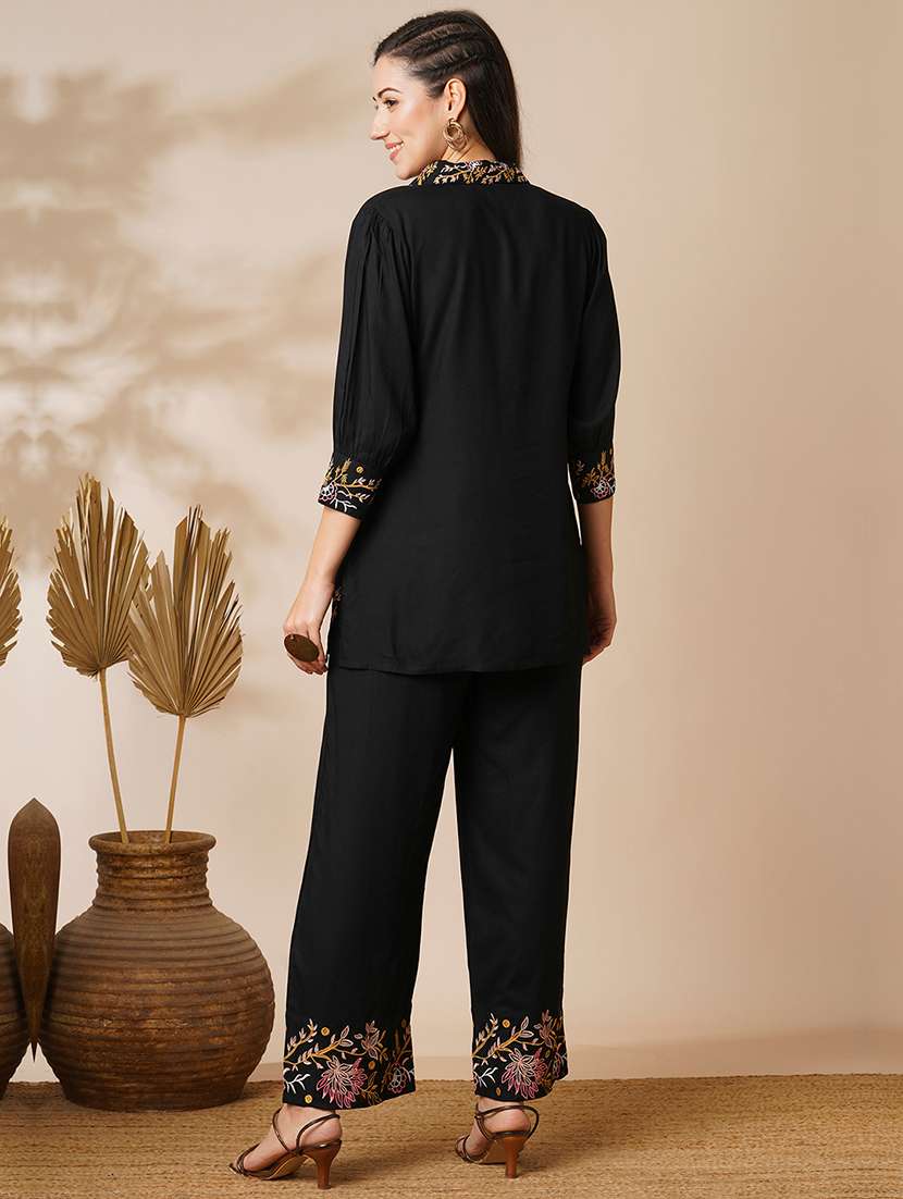 globus women black floral embroidered shirt collar top & ankle length pants fusion co-ord set - 21649569 -  Standard Image - 2