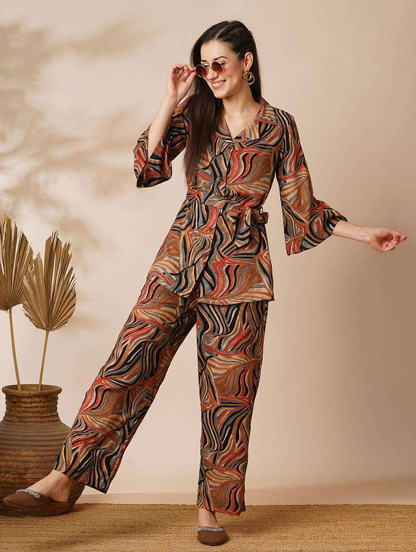 women multi-colour marble gold foil print lapel collar flared sleeves shirt style top & ankle length pants fusion co-ord set