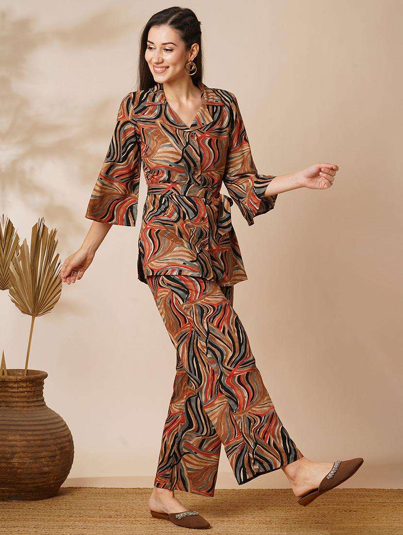women multi-colour marble gold foil print lapel collar flared sleeves shirt style top & ankle length pants fusion co-ord set - 21649570 -  Standard Image - 2
