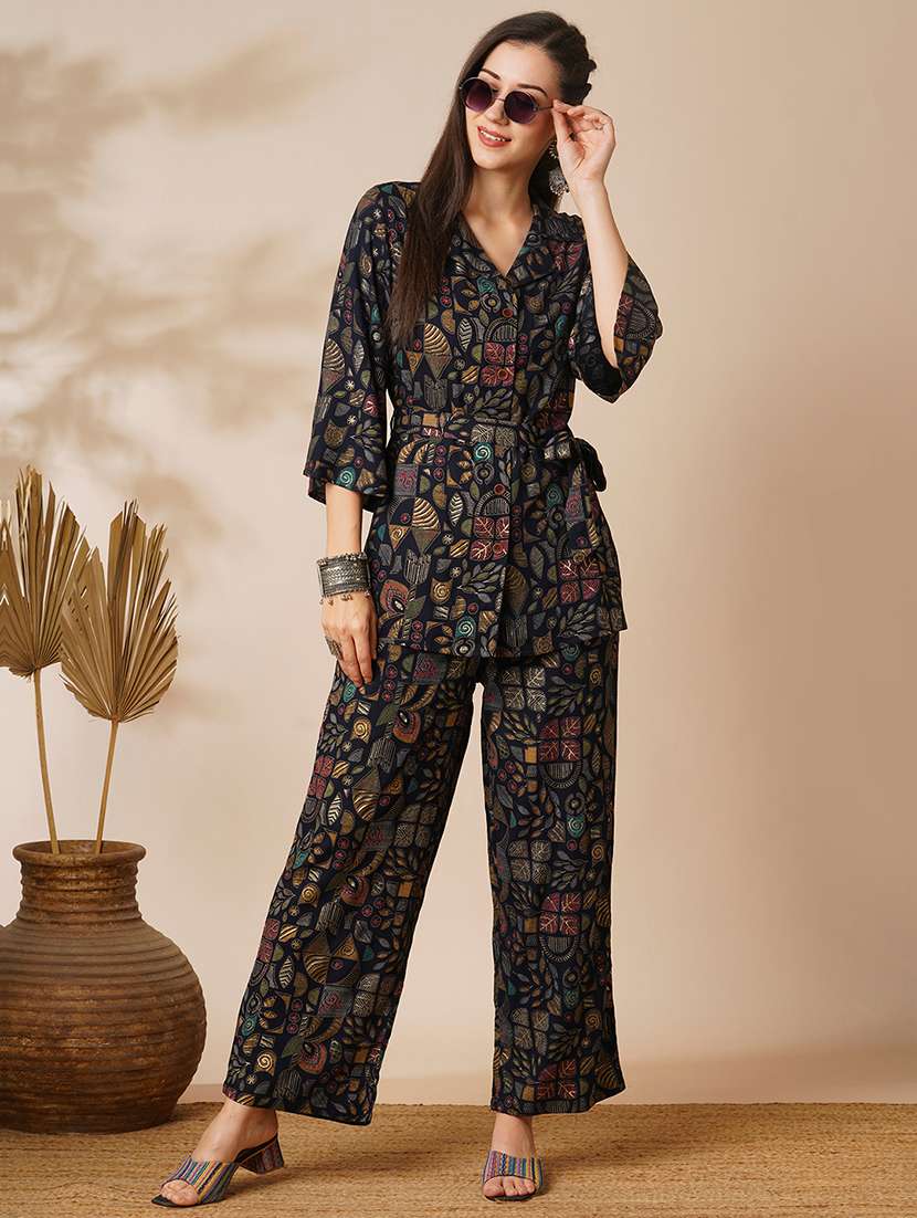 globus women blue abstract gold foil print lapel collar flared sleeves shirt style top & ankle length pants fusion co-ord set