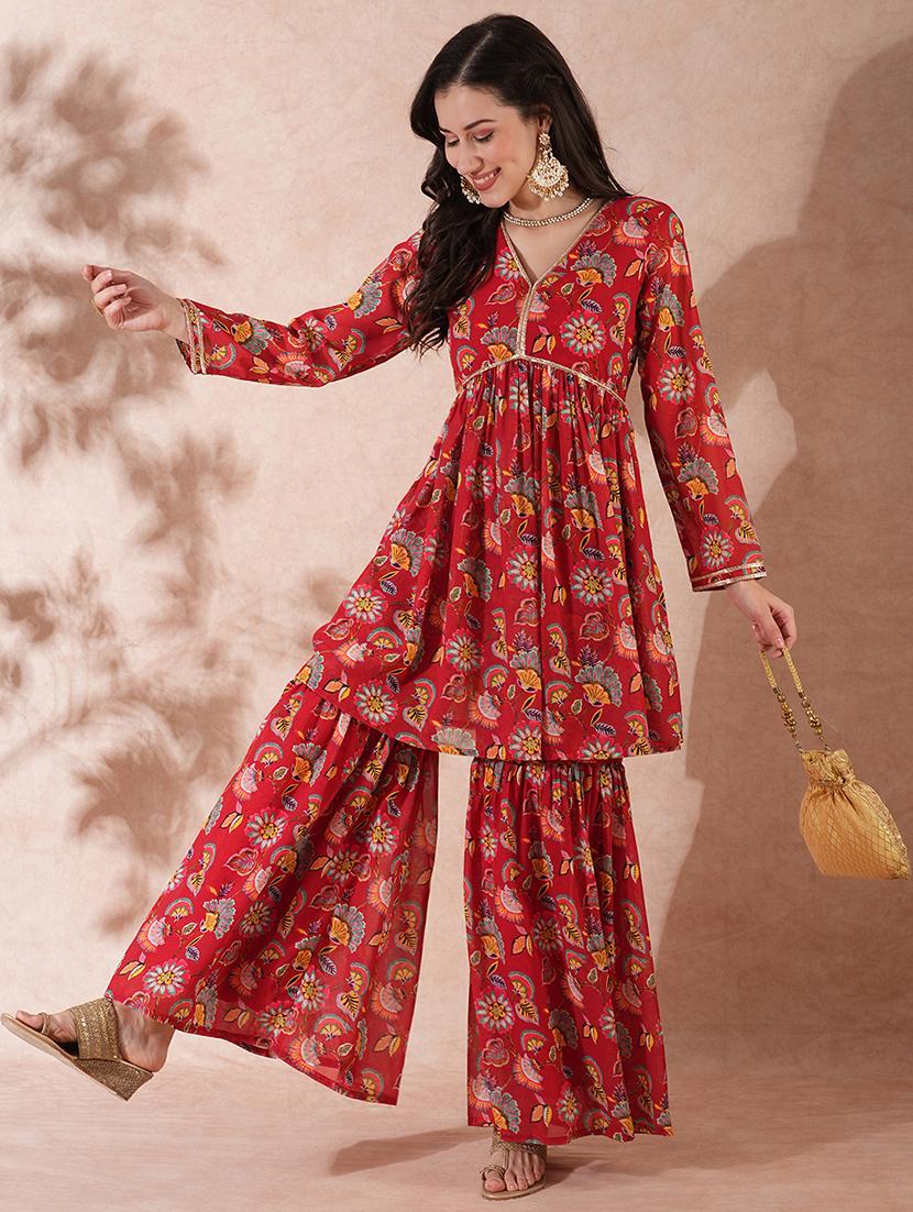 globus women maroon allover floral print v-neck alia cut tunic with partial elasticated gharara co-ord set - 21649572 - Standard Image - 2