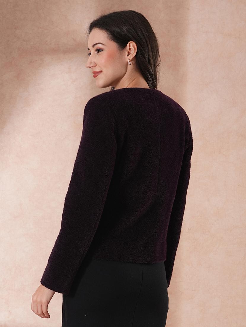 globus women burgundy round neck long sleeves self design 2 pockets tailored fit winter wear overcoat - 21649573 - Standard Image - 2