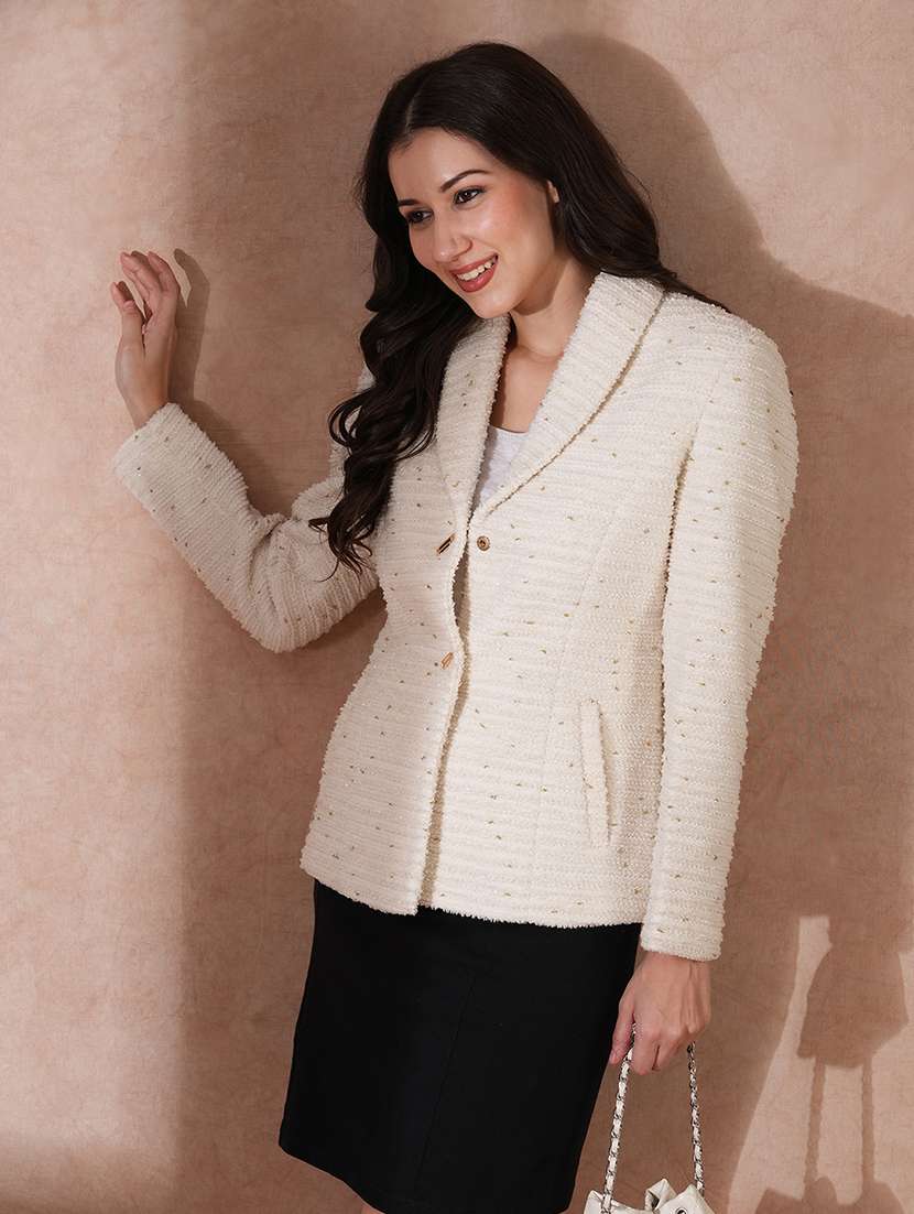 globus women white shawl lapel long sleeves shiny self design 2 pockets tailored fit winter wear overcoat - 21649575 - Standard Image - 2
