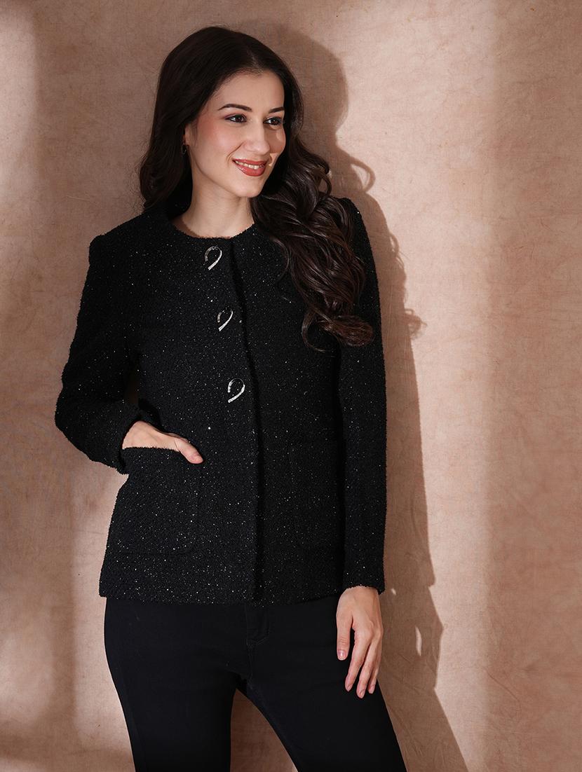 globus women black round neck long sleeves shimmer self design 2 pockets tailored fit winter wear overcoat - 21649578 - Zoom Image - 0