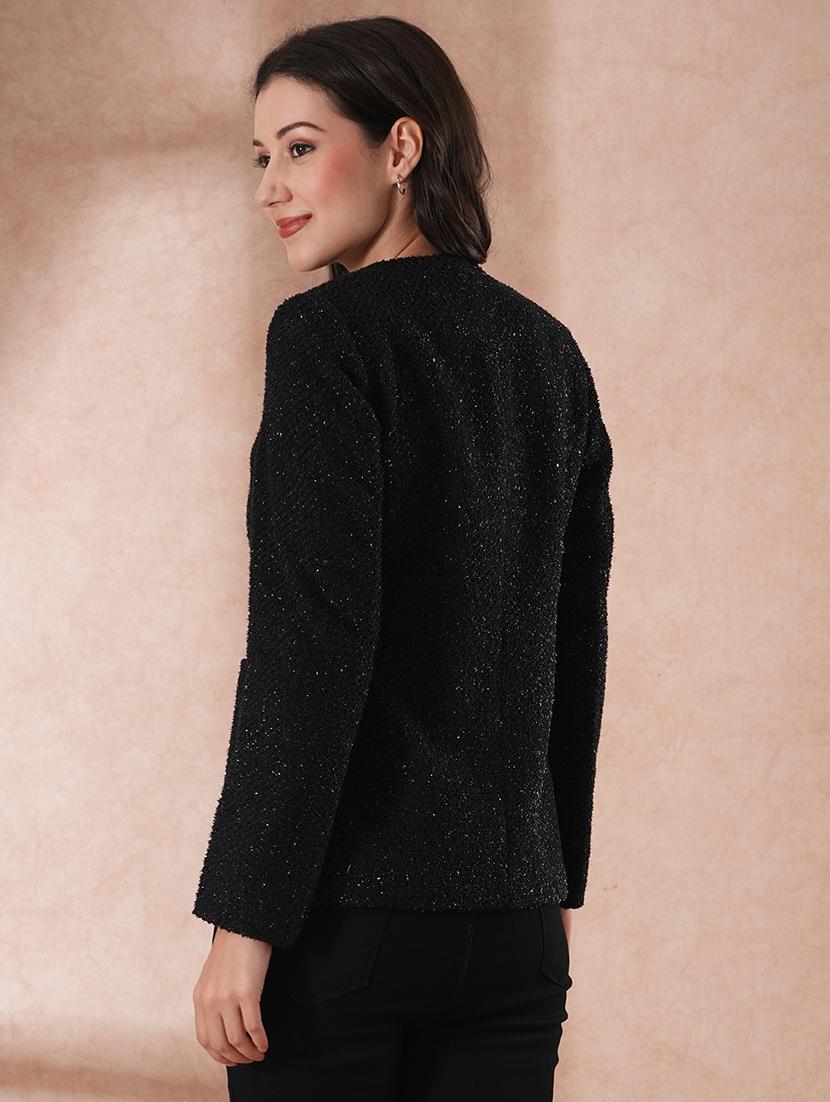 globus women black round neck long sleeves shimmer self design 2 pockets tailored fit winter wear overcoat - 21649578 - Standard Image - 2