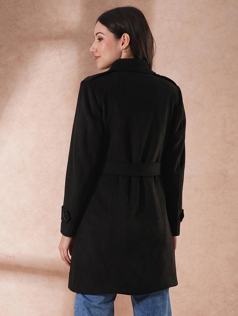 globus women black spread collar long sleeves self design double breasted 2 pockets tailored fit winter wear belted pea coat - 21649582 - Standard Image - 2