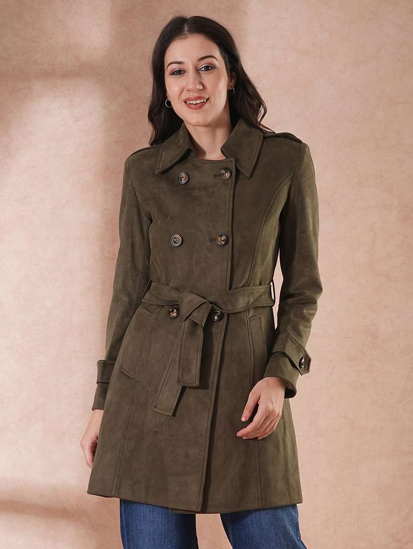 globus women olive spread collar long sleeves self design double breasted 2 pockets tailored fit winter wear belted pea coat