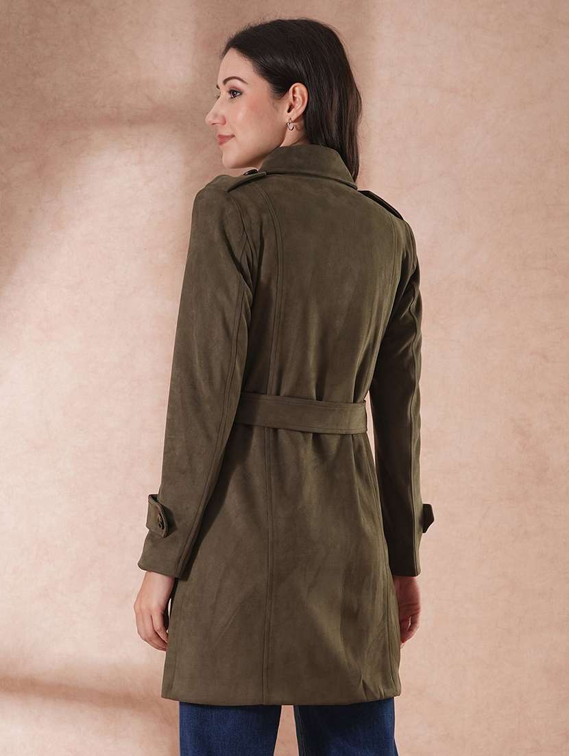 globus women olive spread collar long sleeves self design double breasted 2 pockets tailored fit winter wear belted pea coat - 21649583 -  Standard Image - 2