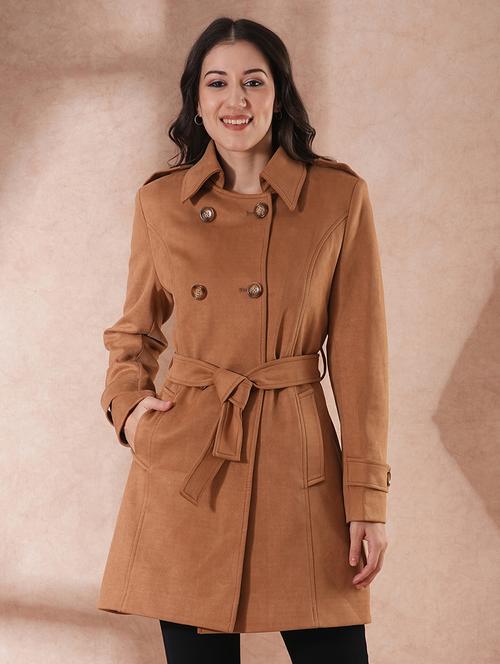 globus women beige spread collar long sleeves self design double breasted 2 pockets tailored fit winter wear belted pea coat - 21649584 - Standard Image - 0