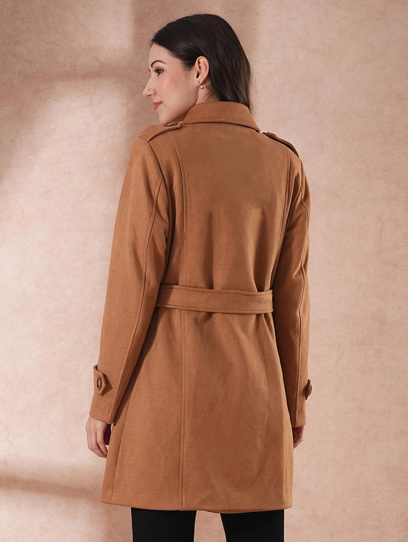 globus women beige spread collar long sleeves self design double breasted 2 pockets tailored fit winter wear belted pea coat - 21649584 - Standard Image - 2