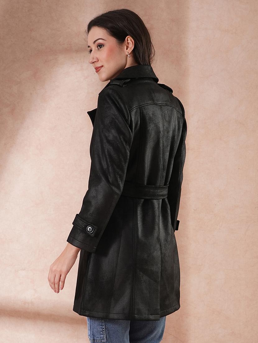 globus women black notch lapel long sleeves self design 2 pockets tailored fit winter wear belted trench coat - 21649585 - Standard Image - 2