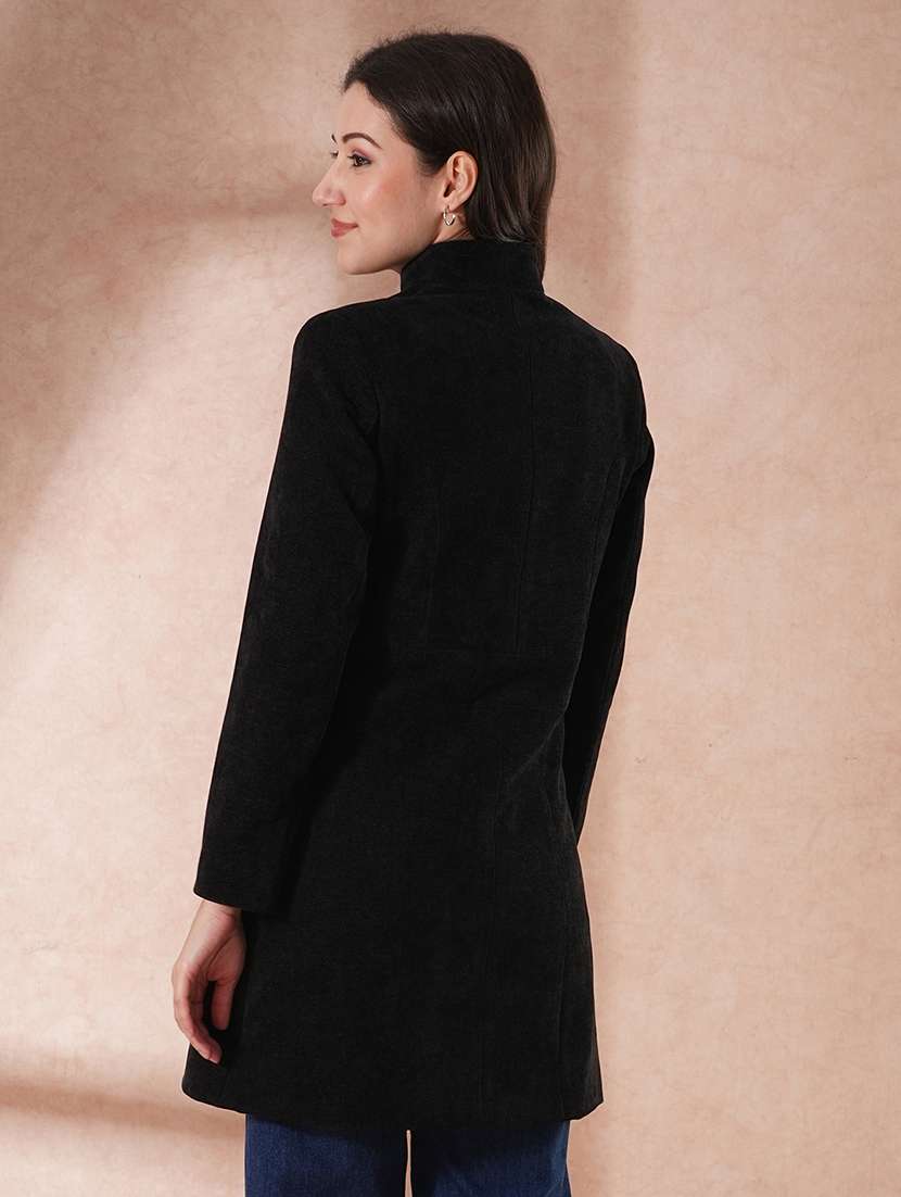 globus women black mock neck long sleeves self design 2 pockets tailored fit winter wear over coat - 21649586 -  Standard Image - 2