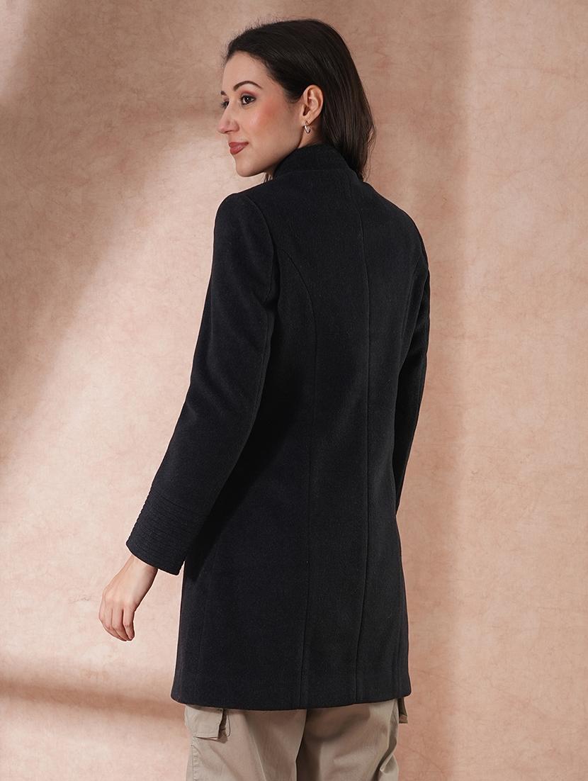 globus women black mock neck long sleeves self design 2 pockets tailored fit winter wear overcoat - 21649592 - Standard Image - 2