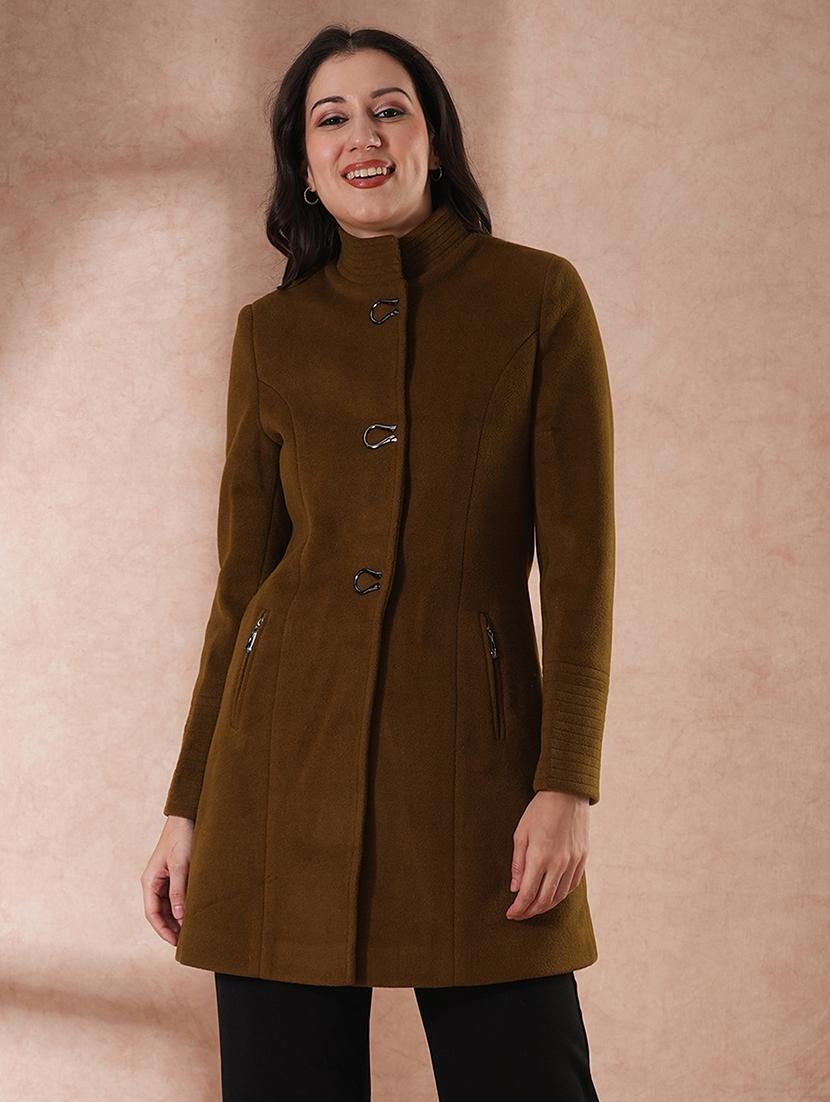 globus women olive mock neck long sleeves self design 2 pockets tailored fit winter wear overcoat - 21649593 - Zoom Image - 0