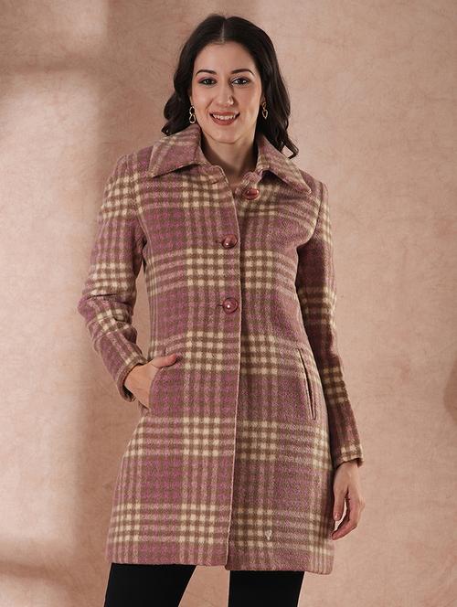globus women pink spread collar long sleeves faux fur trim checked self design 2 pockets tailored fit winter wear overcoat - 21649598 - Standard Image - 0