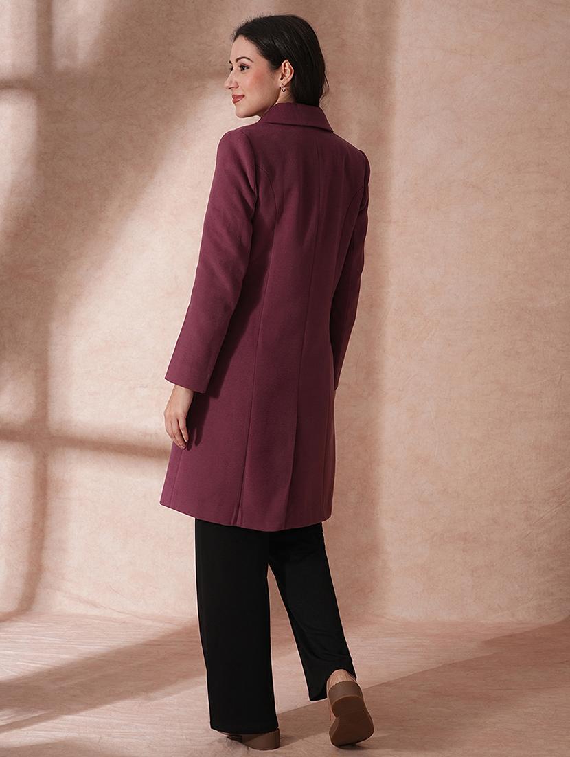 globus women mauve notched lapel long sleeves self design 2 pockets tailored fit winter wear pea coat - 21649600 - Standard Image - 2