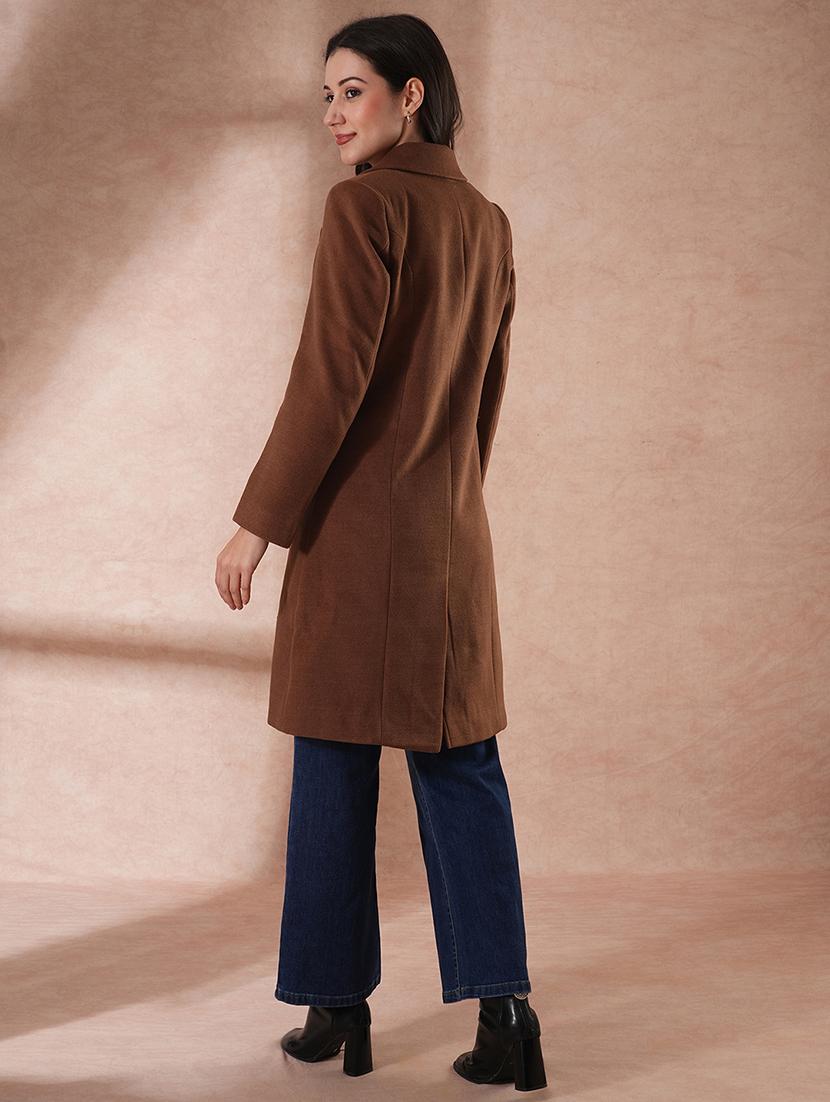 globus women beige notched lapel long sleeves self design 2 pockets tailored fit winter wear pea coat - 21649602 - Standard Image - 2