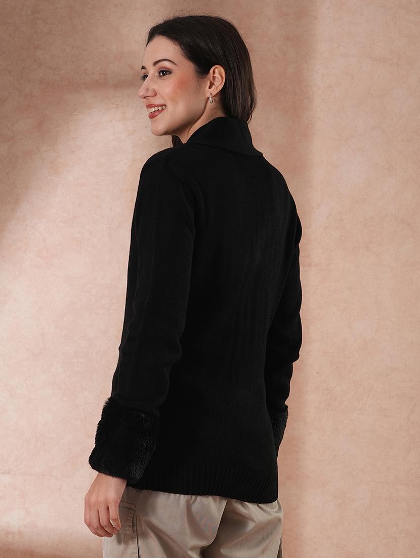 globus women black shawl collar faux fur cuffed sleeves front opening cardigan sweater - 21649607 - Standard Image - 2