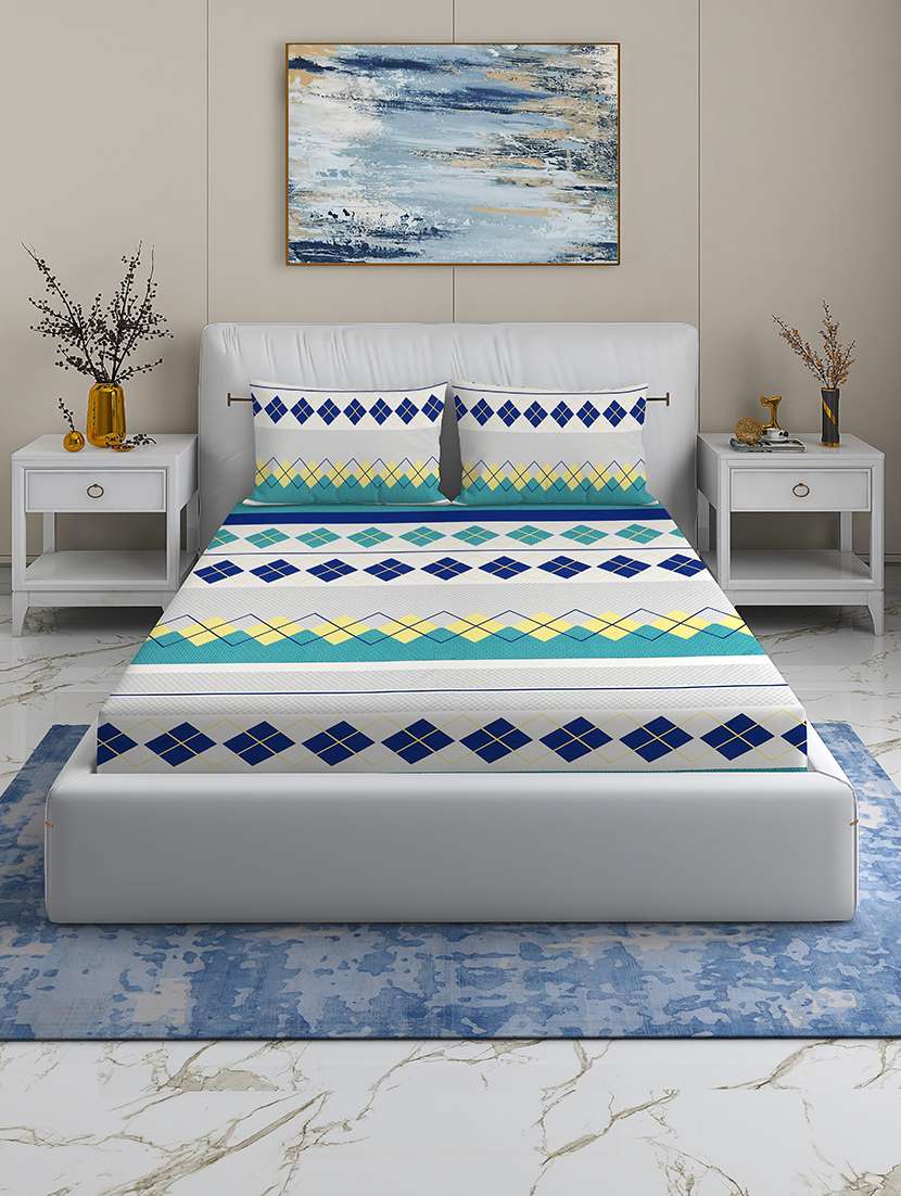 quirky home rome cotton blend fitted queen bedsheet with 2 pillow cover | blue green diamond