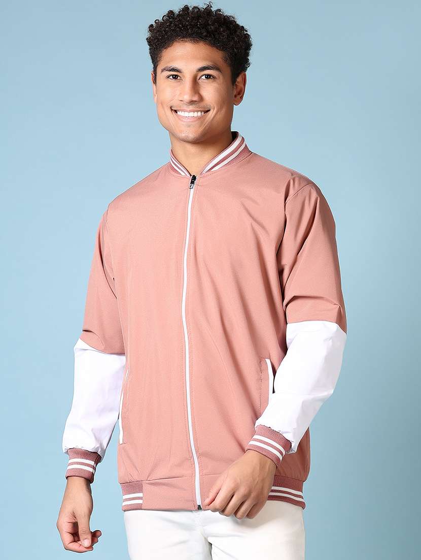 men peach solid long sleeve varsity jacket