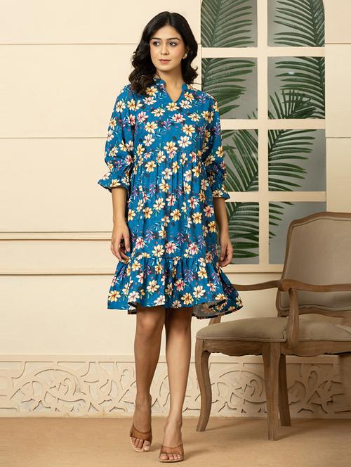 women floral mandarin neck fit & flare dress - 21649939 - Standard Image - 0