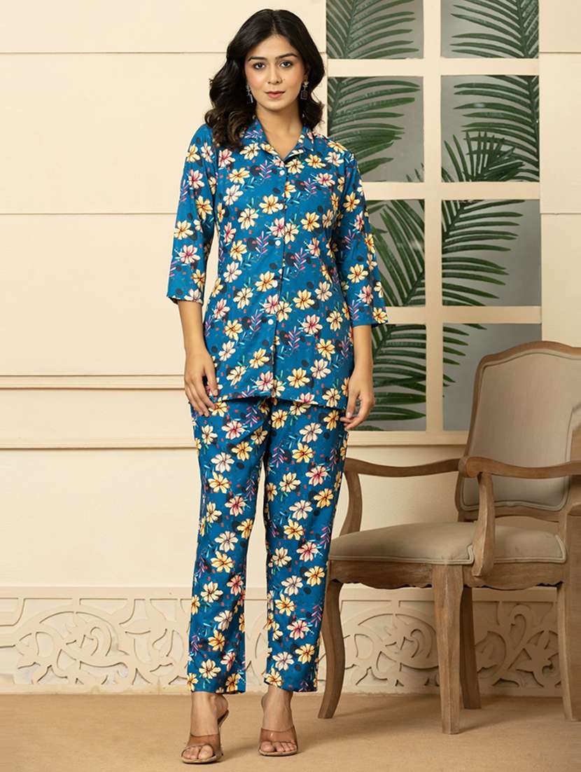 women blue floral printed co-ord sets