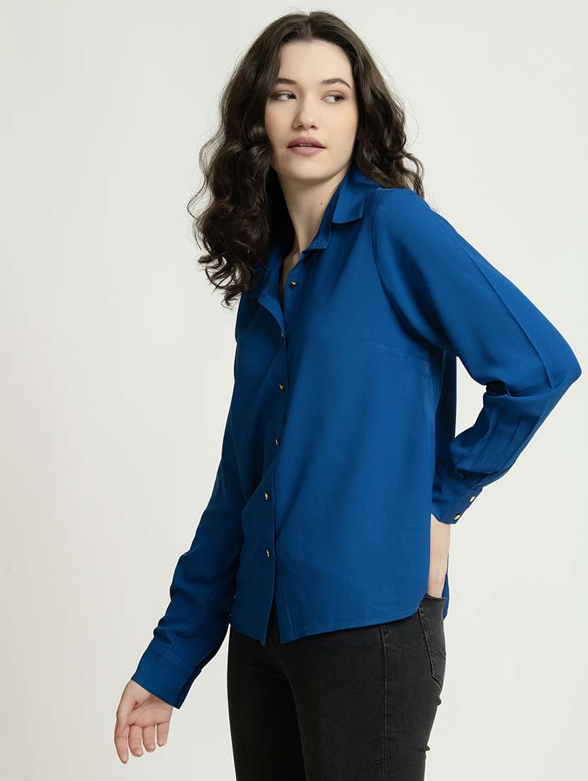 women solid collared long sleeves shirt - 21650228 -  Standard Image - 2