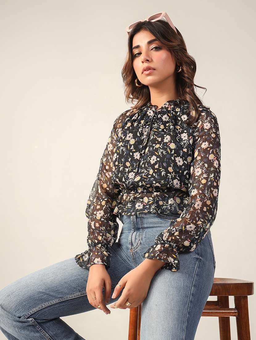 women floral print long sleeves blouson top