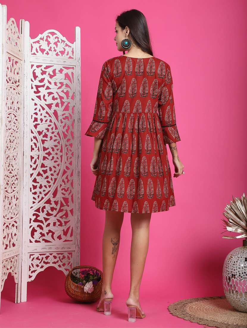 women printed cotton fit & flare dress - 21650283 - Standard Image - 2