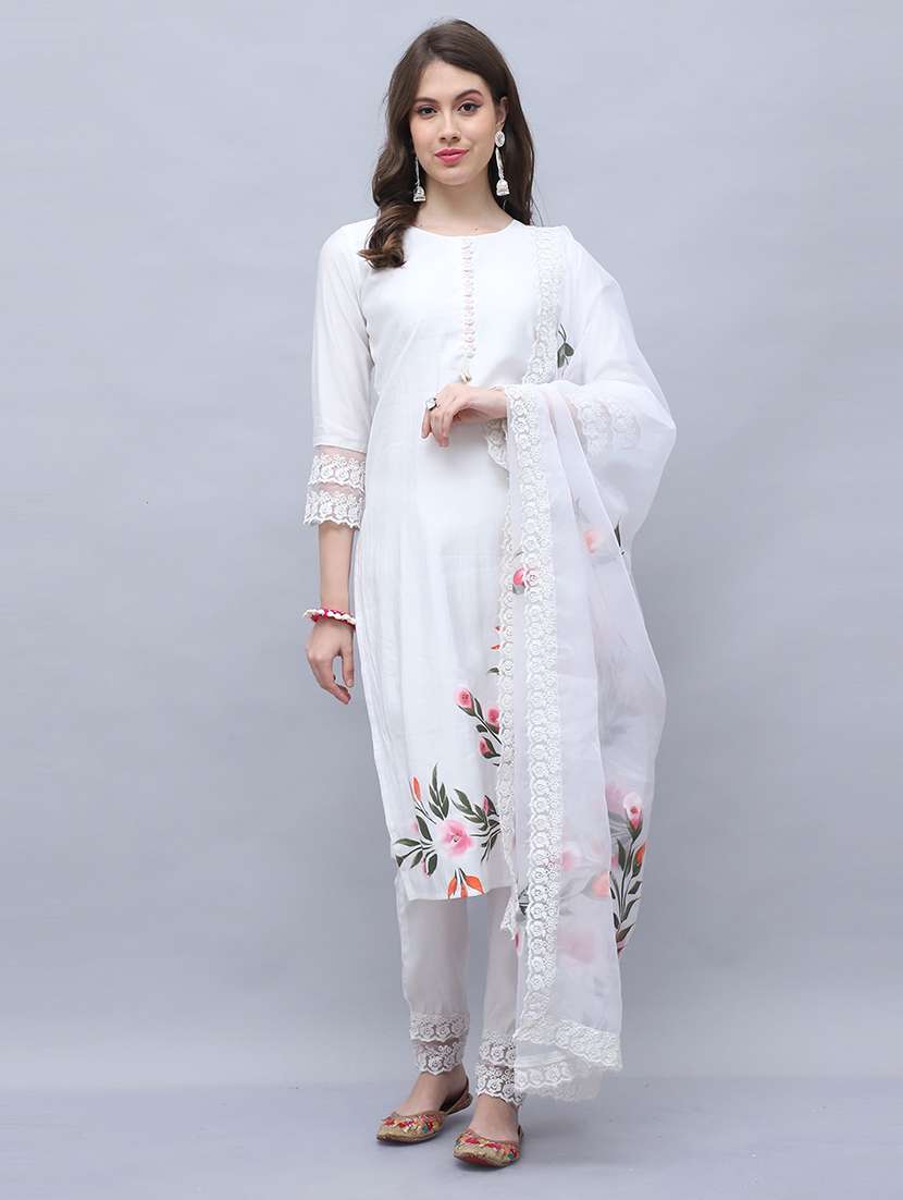 women white floral kurta pant set with dupatta