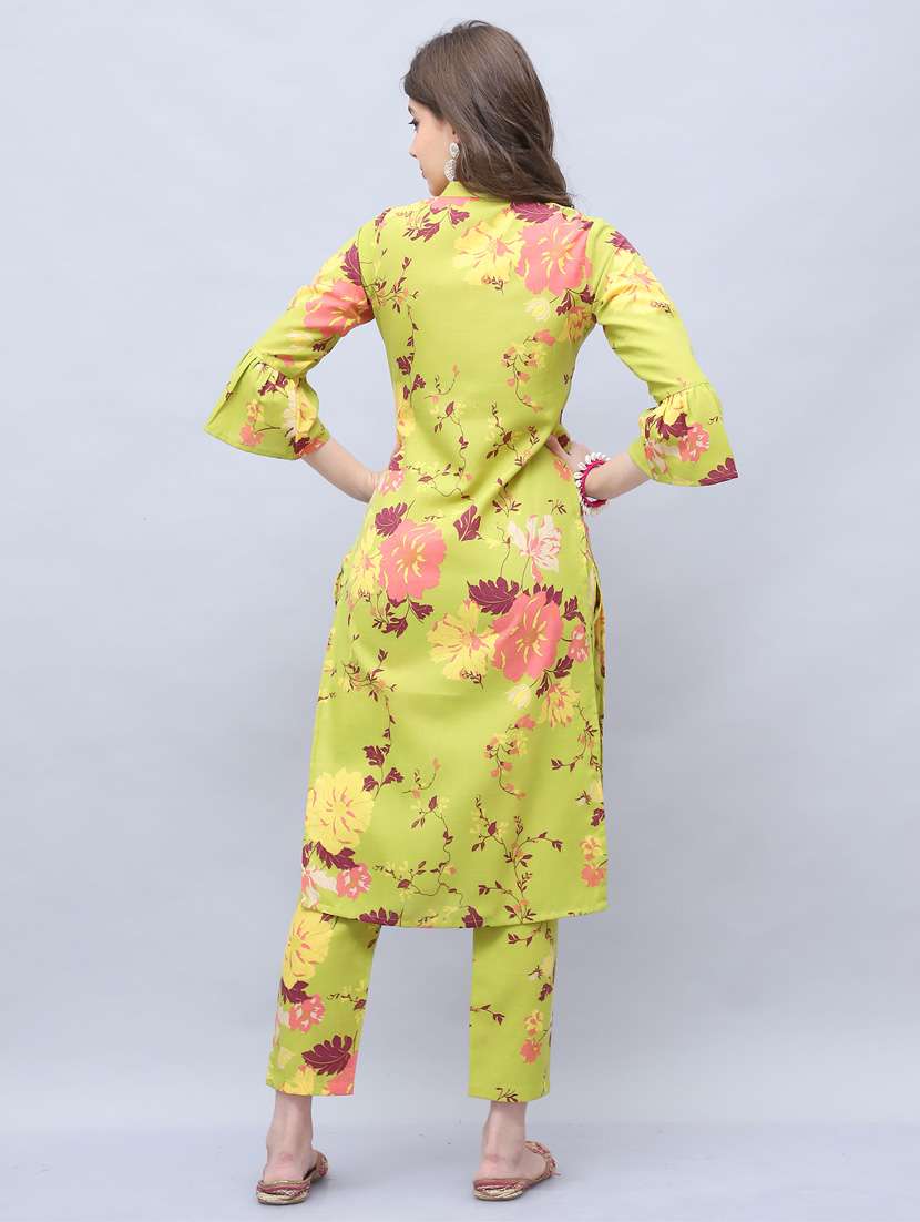 women lime floral mandarin neck kurta pant set - 21650363 -  Standard Image - 2
