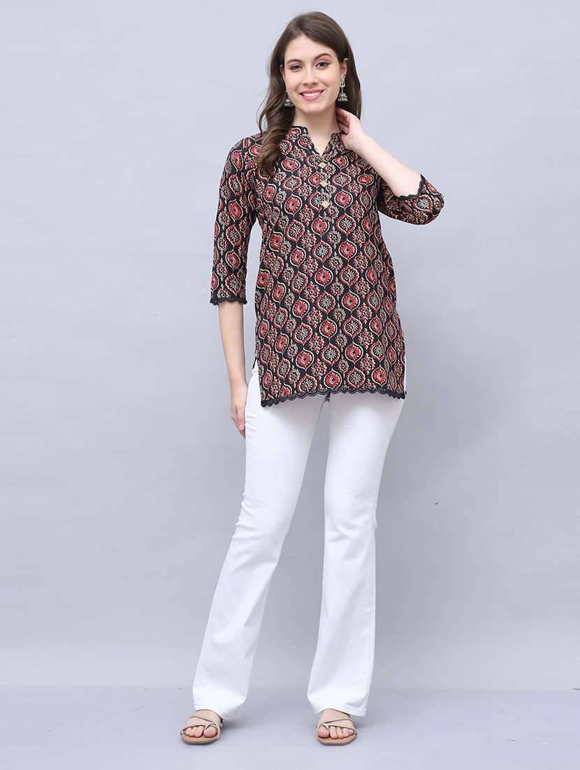 women printed three quarter sleeve tunic - 21650377 -  Standard Image - 2