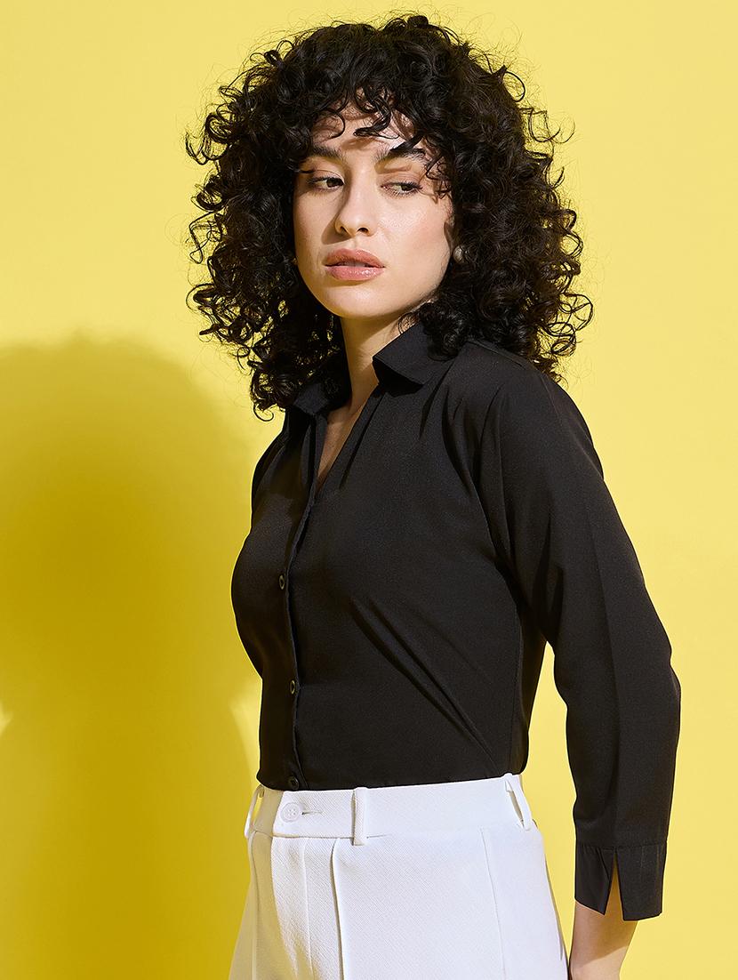 women solid collared long sleeves shirt - 21650750 - Standard Image - 2