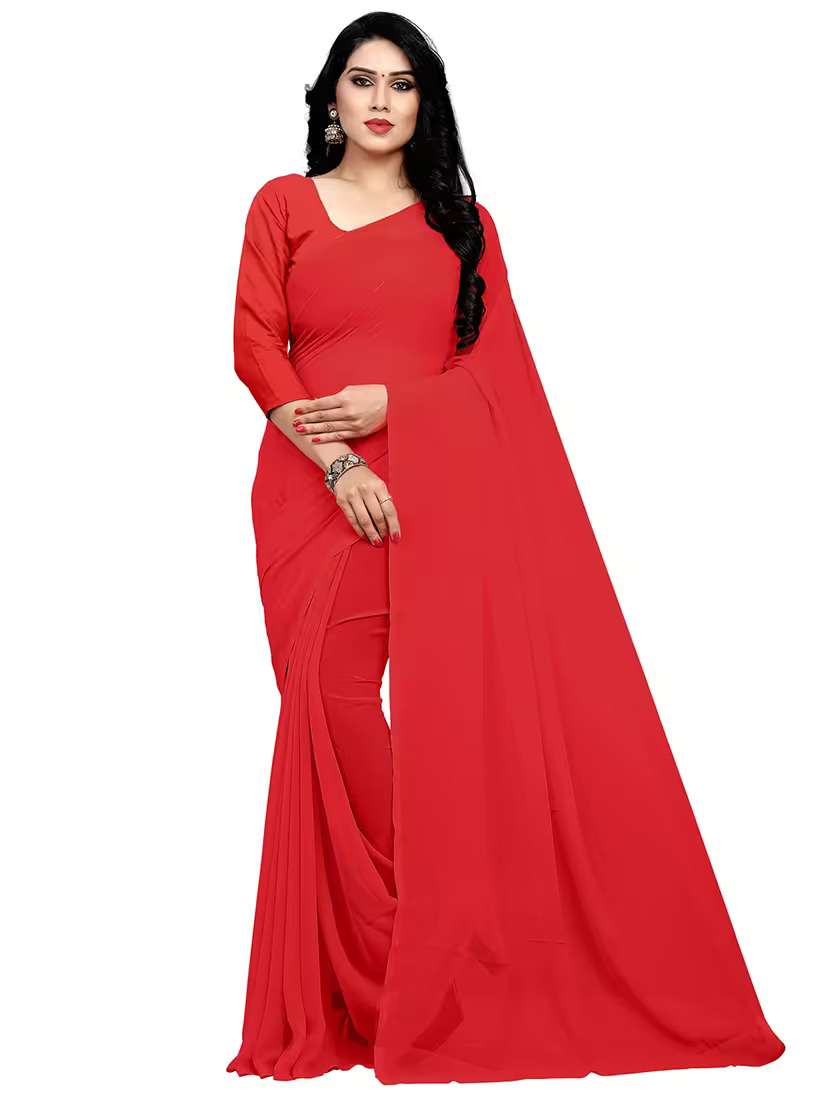 women red plain saree with blouse